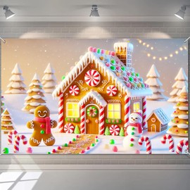 BlissYard Christmas Gingerbread House Banner 71x43 Inch Snowman Backdrop Candy Wonderland Gingerbread Man Holiday Party Decorations Large Polyester Fabric Wall Art Banner Backdrop