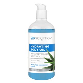 SpaScriptions Fragrance Free Hydrating Body Oil with Hyaluronic Acid & Retinol, Cruelty-Free, Nourishing, Spa-Like Treatment with Aloe Vera Extract to Moisturize Recharge & Soften, 8 oz.