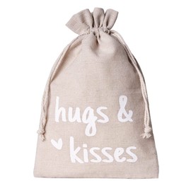 3 Gift Bags with Greeting, Linen Bag with Text, Linen Bag with Cord, Gift Packaging Made of Linen Cotton Fabric, Huggs & Kisses, Gift bag