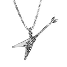 PAMTIER Men's Stainless Steel Retro Electric Guitar Pendant Punk Necklace with Chain