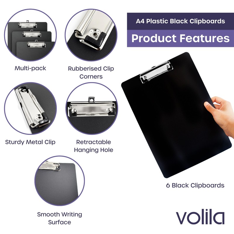 volila Clipboard A4-6 Pack Black Portable Clipboards to Organize and