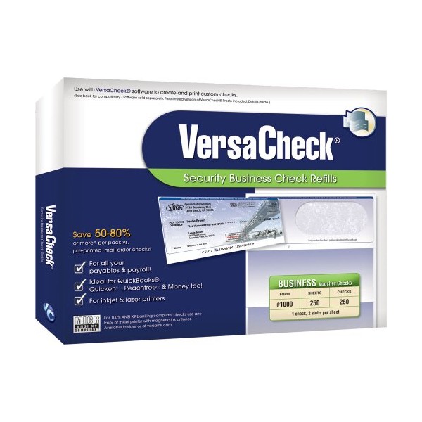 VersaCheck Secure Checks - 250 Blank Business Voucher Checks - Blue Classic - 250 Sheets Form #1000 - Check on Top