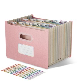 EcoStash Accordion File Organiser, 12 Pockets A4 Wheat Straw Expanding File Folders, Monthly Filling Document Organiser, Upright Open Top, BPA Free, Return to Nature, Healthy Living, Strawberry Pink