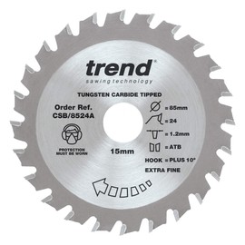 Trend CraftPro TCT Cordless Sawblade for Mini Saws, 85mm Diameter, 15mm Bore, 24 Teeth, 1.2mm Kerf, +14° Hook, CSB/8524A