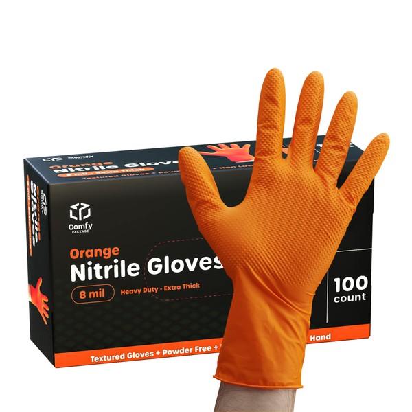 Comfy Package Large Orange Nitrile Heavy-Duty Gloves, Diamond Texture, Waterproof & Latex Free