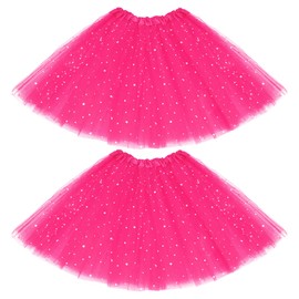 hoyuwak 2 Pack Rose Red Tutu Tulle Skirt with Stars for Women Glitter Sparkle 3 Layered Stretchy Puffy Fluffy Adult Dance Skirt for 80s Ballerina Party Costume