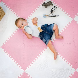 Baby Play Mat Nordic Toddler Puzzle PlayMat 72Pcs 51.2 In x 64 In Foam Floor Mats for Kids and Babies Triangles EVA Foam Interlocking Tiles to assemble different designs Little Fun Soft Non-Toxic Pink