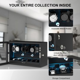 XTELARY Watch Winder for 6 Automatic Watches, Lockable Automatic Winders with Extra 6 Watch Storages, 4 Rotation Modes, Flexible Watch Pillows, Quiet Mabuchi Motor, and Blue Backlight