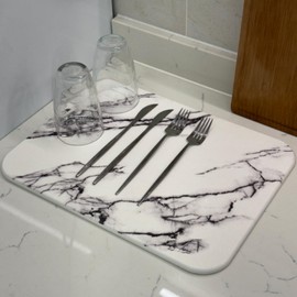 Shiawase Stone Dish Drying Mat for Kitchen Counter, Stone Drying Mat with Marble Color, Quick Drying Diatomaceous Earth Stone Mat, Heat Resist, Super Absorbent, Non Slip Drying Mat-Marble White 16x12