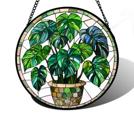 DASTOLL Stained Glass Window Hanging, Green Plant Monstera t Suncatcher Diamond Colorful Glass Panel Sun Catchers Decor for Birthday for Women, Men, Wife, Aunt, and Mom 11.8x11.8 in