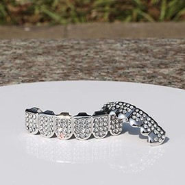 TSANLY 24K White Gold Teeth Grillz CZ Diamond Gold Set Hip Hop Bling Iced Out Grillz for Son + Extra Molding Bars + Microfiber Cloth