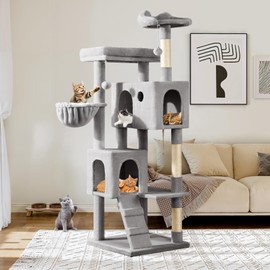 Allewie 64 Inches Cat Tree Tower/Multi-Level Activity Center for Indoor Big Felines/2 Plush Condos/2 Perchs/Basket/House/Sisal Scratching Posts/Hanging Cat Toys/Grey