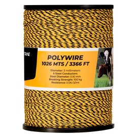 TRAE Electric Fence Polywire 3366 Feet 1026 Meters, 6 Stainless Steel Strands for Reliable Conductivity and Rust Resistance, 3mm Diameter Polywire, UV Resistant G5