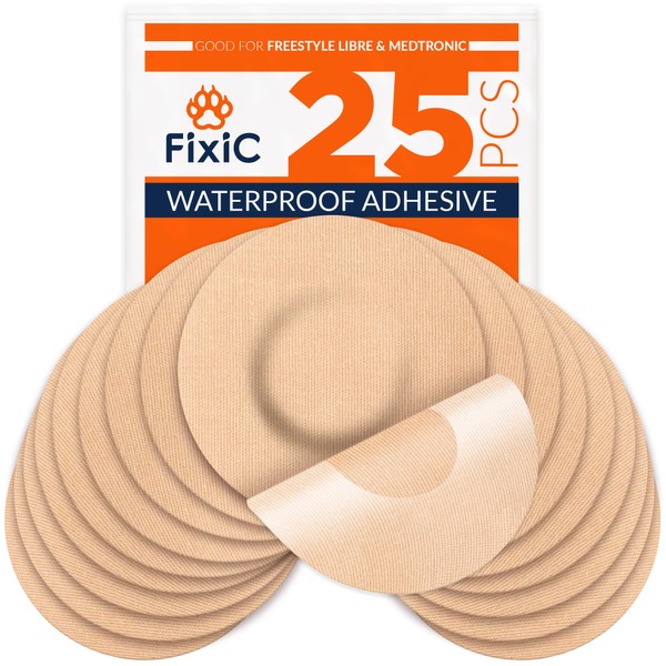 Fixic Freestyle Adhesive Patch 25 PCS – Good for Libre 1, 2, 3 – Enlite – Guardian – NO Glue in The Center of The Patch – Pre-Cut Back Paper – Long Fixation for Your Sensor! (Tan)