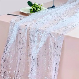 YIJXPOIN Silver Table Runner 10Ft Gauze Sheer Cheesecloth Runner for Table Sequin Glitter Metallic Foil Silver Party Table Decorations Centerpiece for Wedding Birthday Christmas Bridal Decor