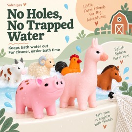 ValenLyra No Hole Bath Toys for Babies, 6 Pack Sealed Farm Animal Bath Toys for Toddlers 1-3 with Mesh Storage Bag, Soft Non-Squirting Baby Water Toys, Cow Pig Horse Sheep Chicken Alpaca
