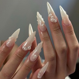 Pearl 3D Stripe Press on Nails Long Almond Fake Nails Glossy White Glue on Nails Full Cover Acrylic Stick on Nails for Women DIY Charm Manicure