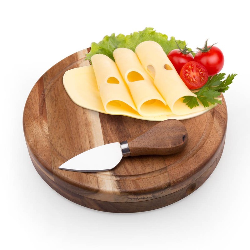 ILEAF Round Slide-Out Acacia Wood Cheese Board and 3 Piece