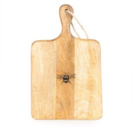 Round Wooden Chopping Board with Bee Design, Natural Wood, Decorative Kitchen Board with Hanging Loop (Paddle Serving Board)