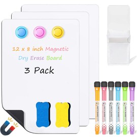LISSCHANN Magnetic Whiteboard for Fridge, 3 Pack Magnetic Dry Erase Board Sheet Includes 6 Markers, 3 Magnets, 2 Erasers & Pen Holder, Small Erasable Refrigerator White Board 8" x 12", White