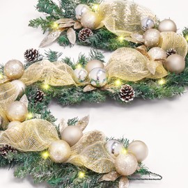 5.9 FT Christmas Garland Decorations, Luxury Christmas Gold Garland for Mantle, Christmas Flocked Garland with Ribbons Silver Gold Ball Pinecones, Frosted Garland Decor for Front Door Fireplace Table