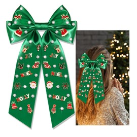 Christmas Hair Bow Clip Christmas Snowflake Tree Reindeer Santa Claus Crystal Embellished Hair Bow Barrettes Xmas Winter Holiday Big Bow Hairpin Accessories Gift (green Christmas bow)