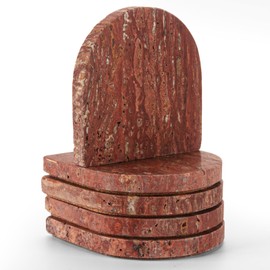 WORHE Marble Coasters for Drinks Set of 5 Coasters Modern Home Decor for Coffee Natural Marble Stone Gift for Housewarming Party Hotel Decoration Christmas Anniversary Travertine Red (WH027)