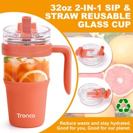 Tronco 32oz Glass Tumbler with Straw and Lid, Leakproof 2-in-1 Sip and Flip Straw Lid, Glass Water Bottles with Handle, Fit in Cup Holder, BPA Free, Dishwasher Safe (Cream)