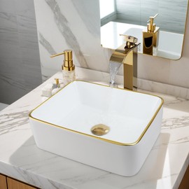 Sinku Mccut Ceramic White Vessel Sink with Faucet and Drain Combo Rectangle Vessel Sink Modern Above Counter Bathroom Sink Bowl White Body with Gold Trim