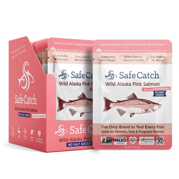 Safe Catch Wild Alaska Pink Salmon, No Salt Added, Mercury Tested, 3oz pouch (Pack of 12)