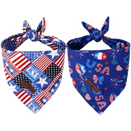 Lionet Paws Summer 2pcs Dog Bandanas, 4th of July USA Dog Scarf Bib Premium Fabric, Happy American Flag Blue Bandanas for Medium Large Dogs Pets