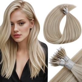 LaaVoo Nano Hair Extensions Real Human Hair 100 Strands 24 Inch 50g Dark Blonde Highlight Platinum Blonde Nano Beads Ring Hair Extensions Straight Remy Hair Extensions #18/613
