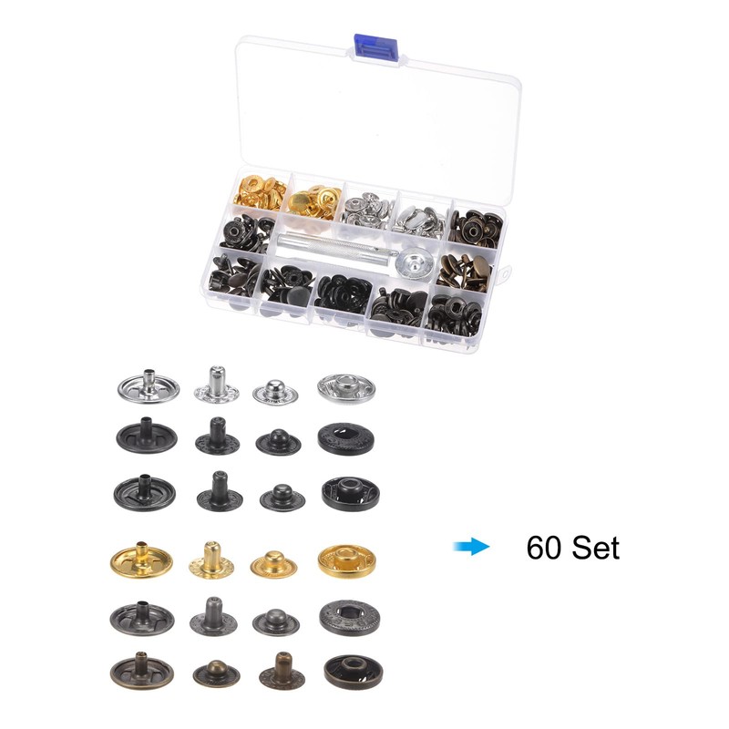 sourcing map 60 Sets Snap Fasteners Kit 15mm Metal Press