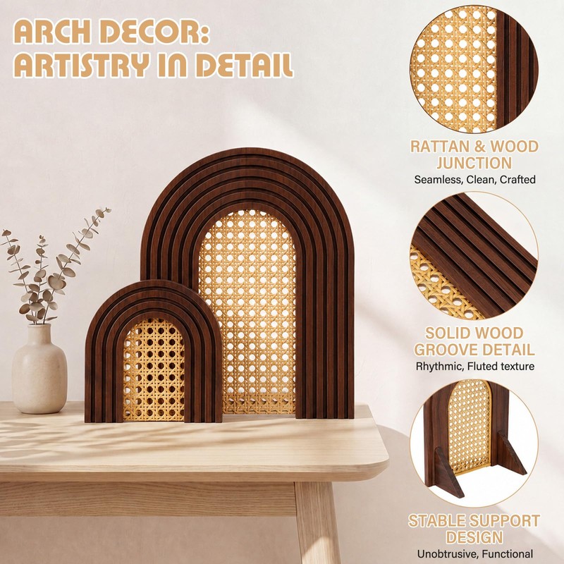 2 Sets Wooden Arch Decor Rattan Shelf Boho Wall Decor
