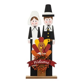 Glitzhome Thanksgiving Wooden Pilgrim Couple Porch Sign, 36"H Turkey Standing Decor Rustic Welcome Sign Farmhouse Thanksgiving Porch Decor Standing Decor for Fall Harvest Autumn Thanksgiving