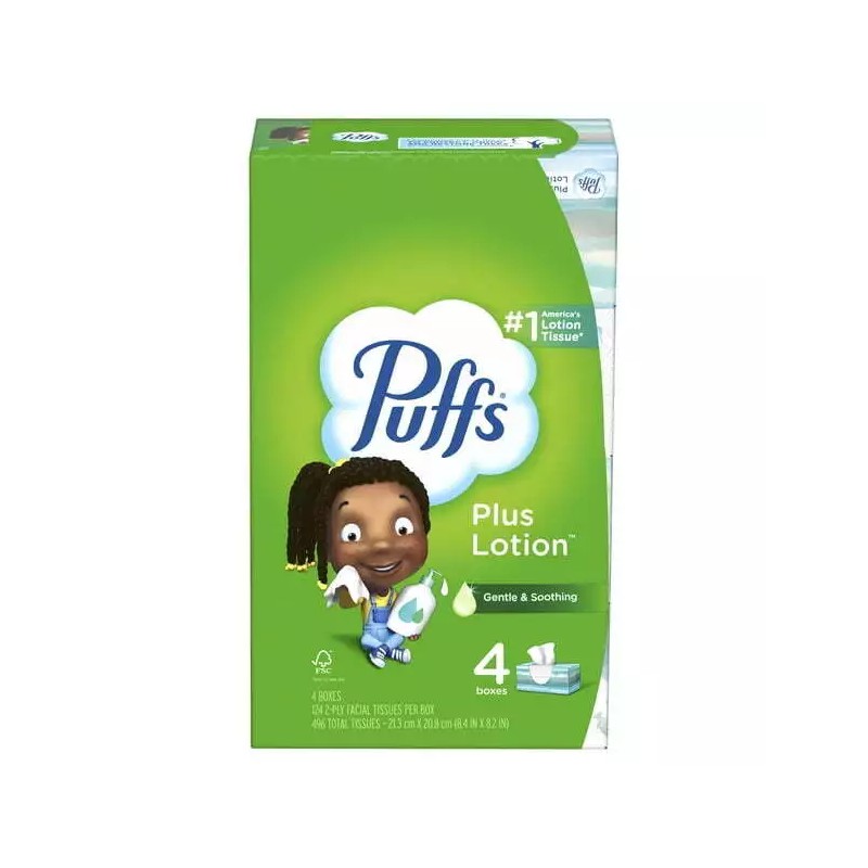 Puffs Plus Lotion Facial Tissues, 4 Family Box, 124 Tissues