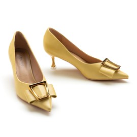 C.Paravano Women's Kitten Heel Pumps with Pointed Toe & Metal Buckle | Leather Wedding & Office Pumps for Cocktail Parties| Pair with Silk Dresses or Tailored Trousers(Yellow,Size 9.5)