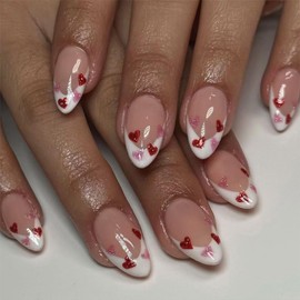 SINHOT Valentines Day Press on Nails Medium Almond Fake Nails Glossy Glue on Nails Red Glitter Love Heart Acrylic Nails Stiletto Artificial Nails White French Tip False Nails with Design 24 pcs