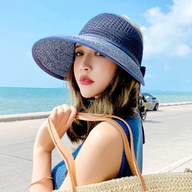 Bienvenu Sombrero de paja enrollable para niña, visera plegable para niños, sombrero de playa, Navy_big, Talla única