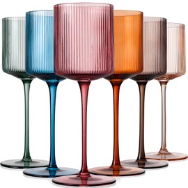 Vintacicle Colored Square Wine Glasses Set of 6, Elegant Ribbed Design Colorful Crystal Glassware with Long Stem, 11.5oz Hand Blown Stemware For Red & White Wine Home Bar Party- Multicolour