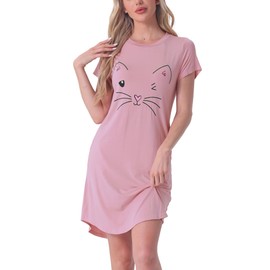 cheibear Womens Short Sleeve Pajamas Printed Sleepshirts Night Shirts Soft Sleepwear Cute Cat Nightgowns Pink S