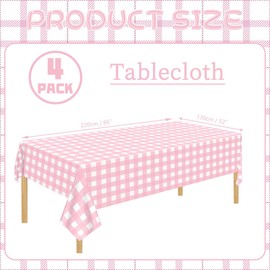 FuenteOrilla 4 Pcs Pink and White Checkered Tablecloths Waterproof Rectangle Pink Gingham Tablecloth for Picnic Birthday Wedding Camping Holiday Christmas Parties, 52 x 86 in