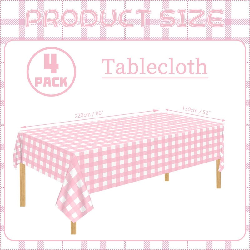 FuenteOrilla 4 Pcs Pink and White Checkered Tablecloths Waterproof Rectangle