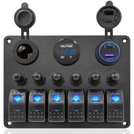 Aluminum 6 Gang Marine Rocker Switch Panel Waterproof for Boat Circuit Breaker Protected, Digital Voltage Display, PD QC3.0 USB Port,12V DC Power Socket for Trailer Bus Car Truck RV Vehicles Yacht