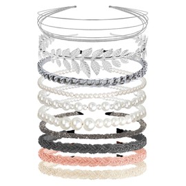 Kasmena 10Pcs Headbands for Women Girls, Pearl Headbands Beaded Headband Metal Hair Band Rhinestone Head Bands for Women's Hair Chained Hair Hoops Nonslip Bridal Wedding Hair Accessories, Silver