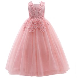 Weileenice Pageant Peach Flower Big Girl Lace Dress Pink Girls Wedding Bridesmaid Birthday Party Princess Prom Evening Ballgown 7-8 Kids Photo Shoot Formal Sequin Tulle Dresses Holiday Long Ceremony