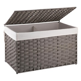 OIAHOMY Storage Basket with Lid, 27.7 Gallon (105L) Blanket Basket with Removable Liner Bag, Synthetic Wicker Basket with Handle, Foldable, Large Handwoven Basket for Bedroom, Living Room, Grey