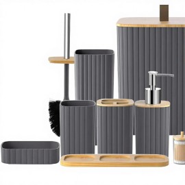 9-Piece Grey Bathroom Accessories Set Includes Toilet Brush Holder Soap Dispenser Decorative Countertop Trash Can forcolor: Complete set-grey