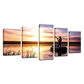 Biuteawal - 5 Panel Wall Art Man Fishing Painting Artwork Peaceful Lake Scenery Canvas Print Sunset Nature Picture for Home Living Room Bathroom Wall Decor