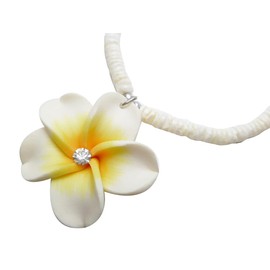 Handmade Plumeria Flower Necklace, 35mm Poly Clay Pendant, 18 inch White Clam Shell, Hawaiian Style (White w/CZ)